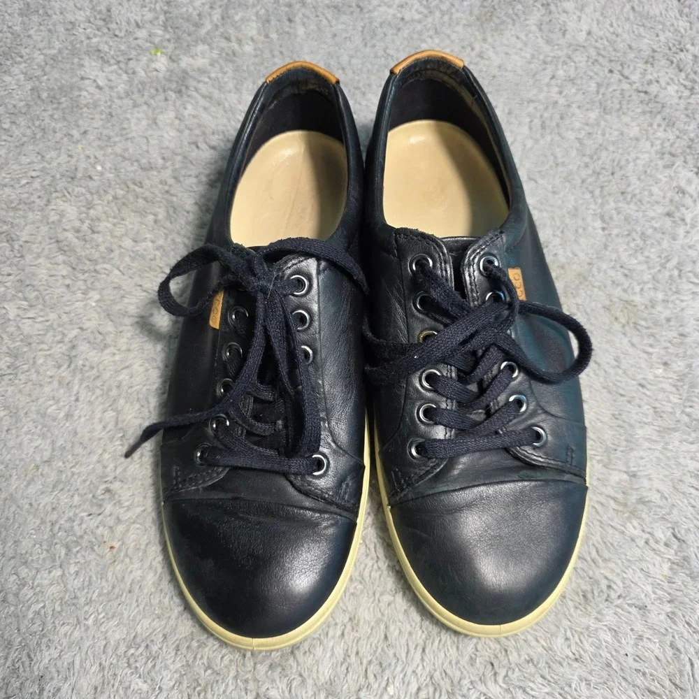 ECCO Soft 7 Sneakers Black‎ Leather Lace Up Comfort Shoes Womens 39 Good